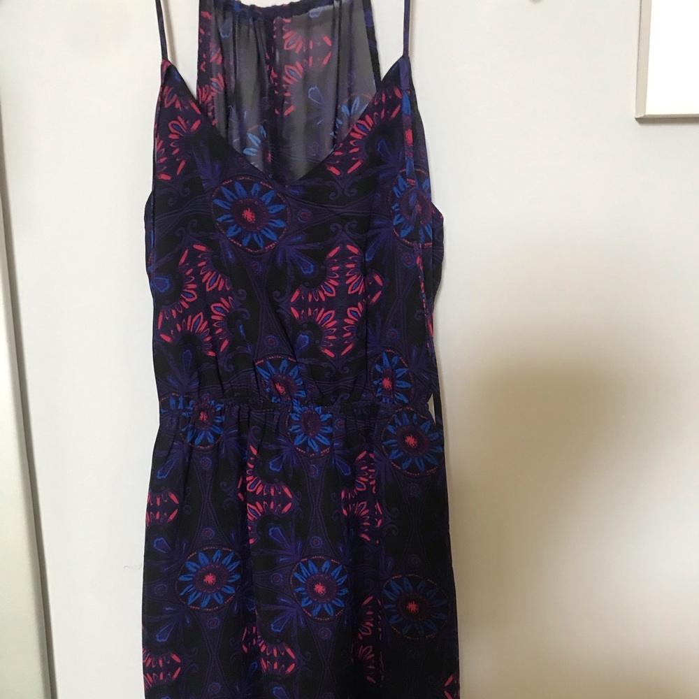 blue red multi colored tie dress